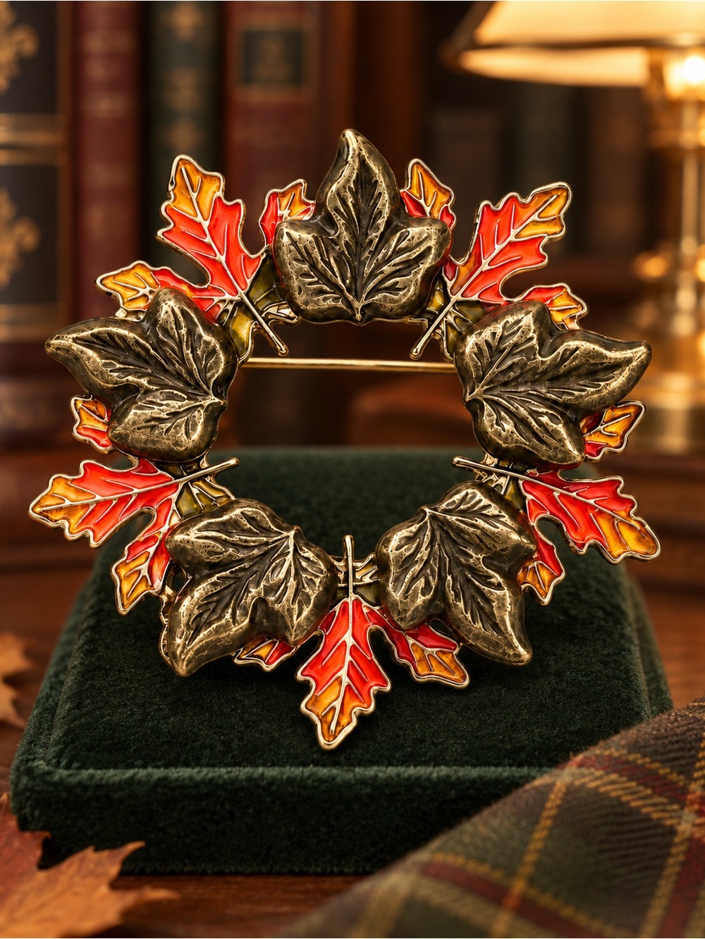 Autumn Leaf Wreath Gold Brooch - Picture 8 of 10
